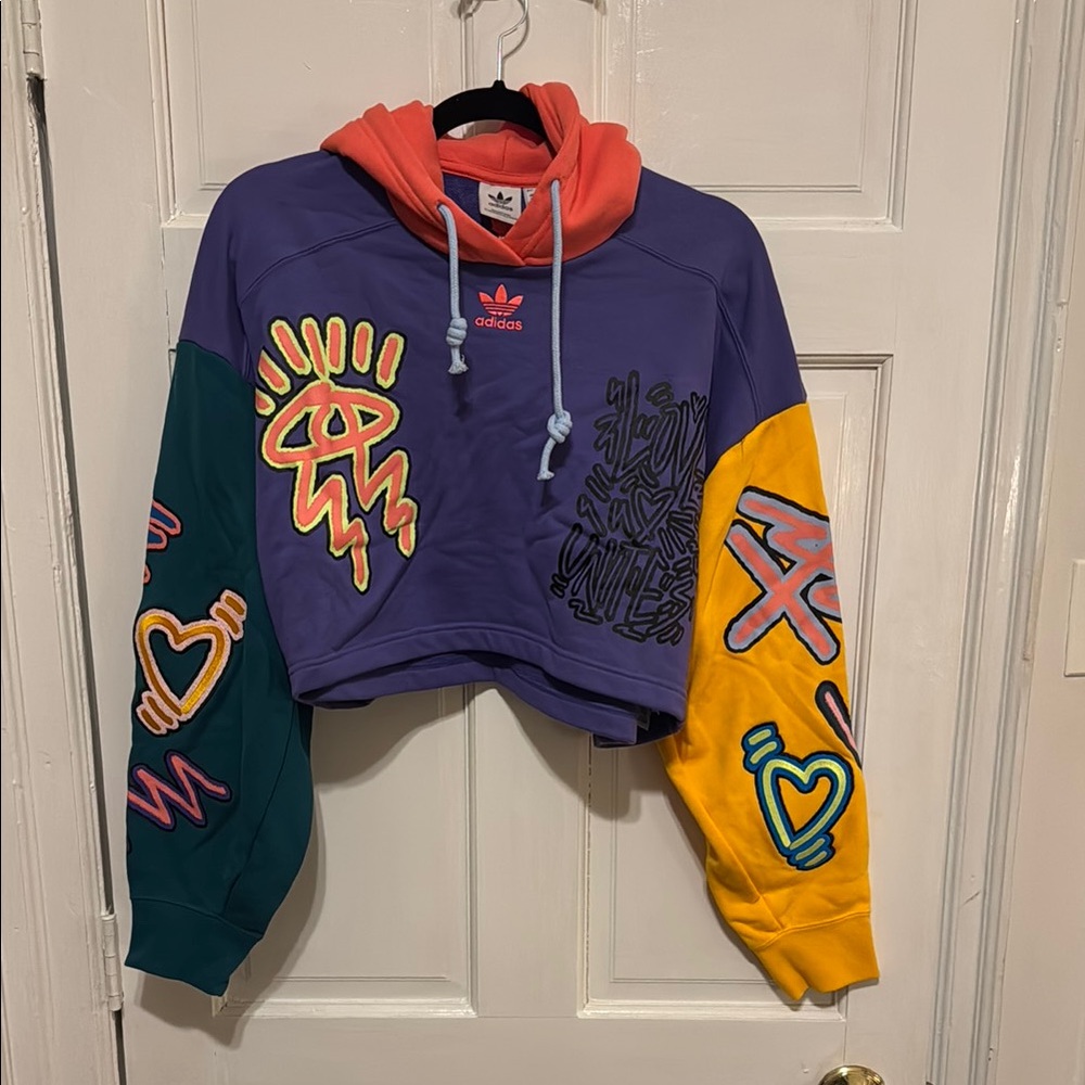 Adidas LOVE UNITES CROP HOODIE Purple and Yellow Graphic Hoodie